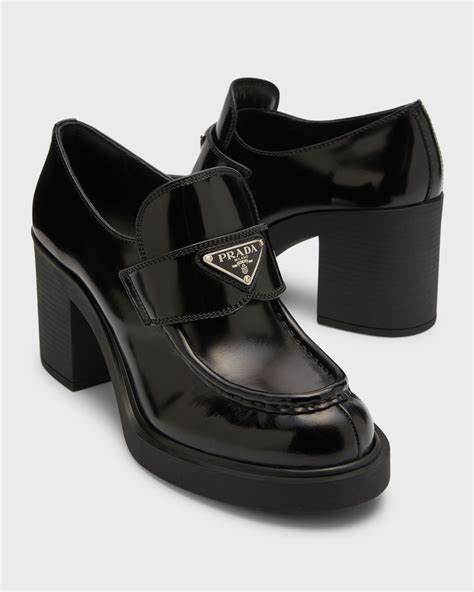 chocolate prada|Prada chocolate flow heeled loafers.